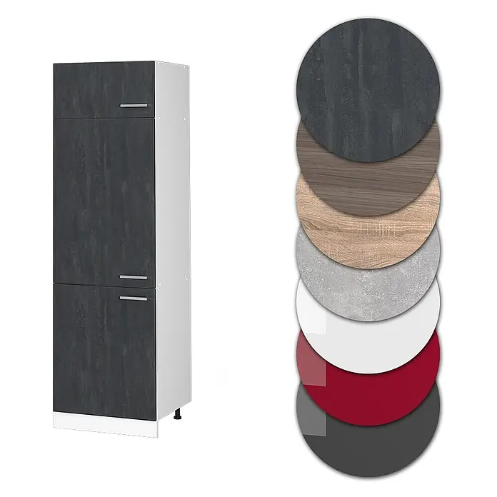 Vicco Schrankküche R-Line Schwarz Beton - Schwarz Beton, Kühlumbauschrank 60 cm - Hoher Schrank mit dunkelgrauen strukturierten Türen und weißem Rahmen, daneben Materialmuster.