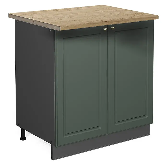 Vicco Schrankküche Fame-Line Grün-Gold Landhaus mit Regal, AP Eiche - Grün-Gold Landhaus, Unterschrank 80 cm, AP Eiche - Dunkelgrüner Küchenunterschrank mit Holzplatte, dunkelgrauen Seiten und goldenen Türknäufen.