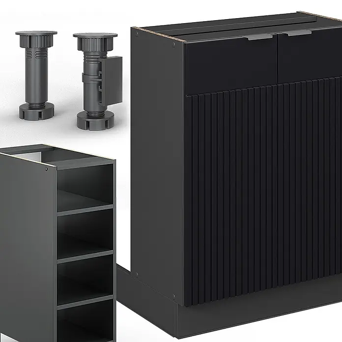 Vicco Inselküche Fame-Line Schwarz gestreift ohne Arbeitsplatte - Schwarz gestreift, Ohne Elektrogeräte - Dunkelgraue modulare Küchenschrankkomponenten: verstellbare Füße, ein offenes Regal und ein Unterschrank mit geriffelten Türen und Schubladen.