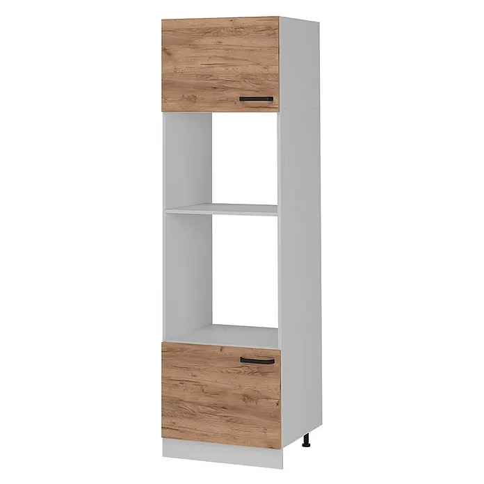 Vicco Schrankküche R-Line Goldkraft Eiche ohne Arbeitsplatte - Goldkraft Eiche, Mikrowellenumbauschrank 60 cm - Hoher Schrank mit zwei Holzoptik-Türen, zwei offenen Fächern, hellgrauem Korpus und schwarzen Griffen.