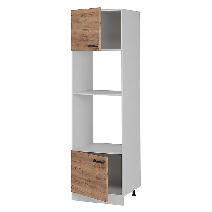 Vicco Schrankküche R-Line Goldkraft Eiche ohne Arbeitsplatte - Goldkraft Eiche, Mikrowellenumbauschrank 60 cm - Hohes weißes Regal mit zwei Holzoptik-Türen, schwarzen Griffen und schwarzen Füßen. Türen leicht geöffnet, zeigen graues Inneres.