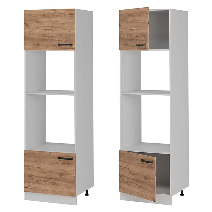 Vicco Schrankküche R-Line Goldkraft Eiche ohne Arbeitsplatte - Goldkraft Eiche, Mikrowellenumbauschrank 60 cm - Hoher weißer Hochschrank mit Holzeffekt-Türen oben und unten, mit offenen Fächern. Gezeigt mit geschlossenen und offenen Türen.