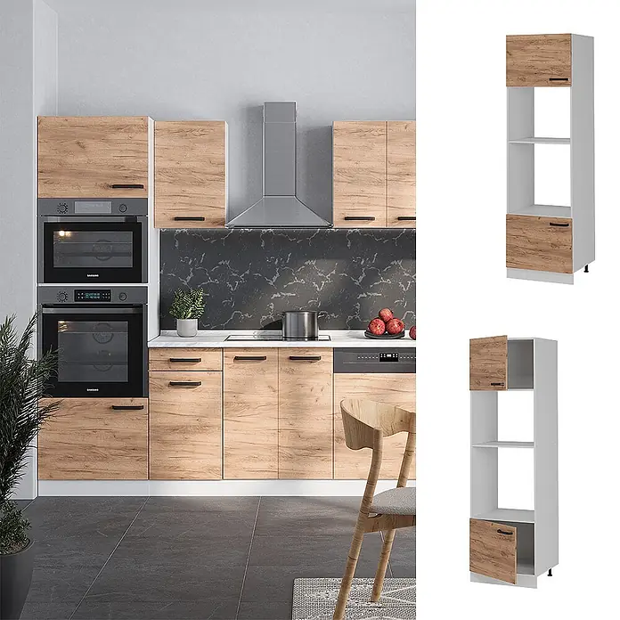 Vicco Schrankküche R-Line Goldkraft Eiche ohne Arbeitsplatte - Goldkraft Eiche, Mikrowellenumbauschrank 60 cm - Moderne Küche mit hellen Holz-Effekt-Schränken, schwarzen Griffen, integrierten Öfen. Gezeigt mit hohen Lagerschränken mit passenden Holztüren.