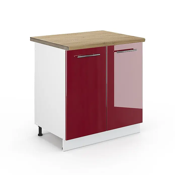 Vicco Schrankküche Fame-Line Bordeaux Hochglanz, AP Eiche - Bordeaux Hochglanz, Spülenunterschrank 80 cm, AP Eiche - Hochglanzroter Küchenunterschrank mit Holzoptik-Arbeitsplatte und weißen Seitenwänden.