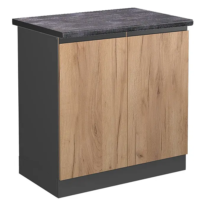 Vicco Spülenunterschrank R-Line, Goldkraft Eiche, 80 cm -  - Anthrazit Unterschrank mit zwei Holzoptik-Türen und dunkler strukturierter Arbeitsplatte.
