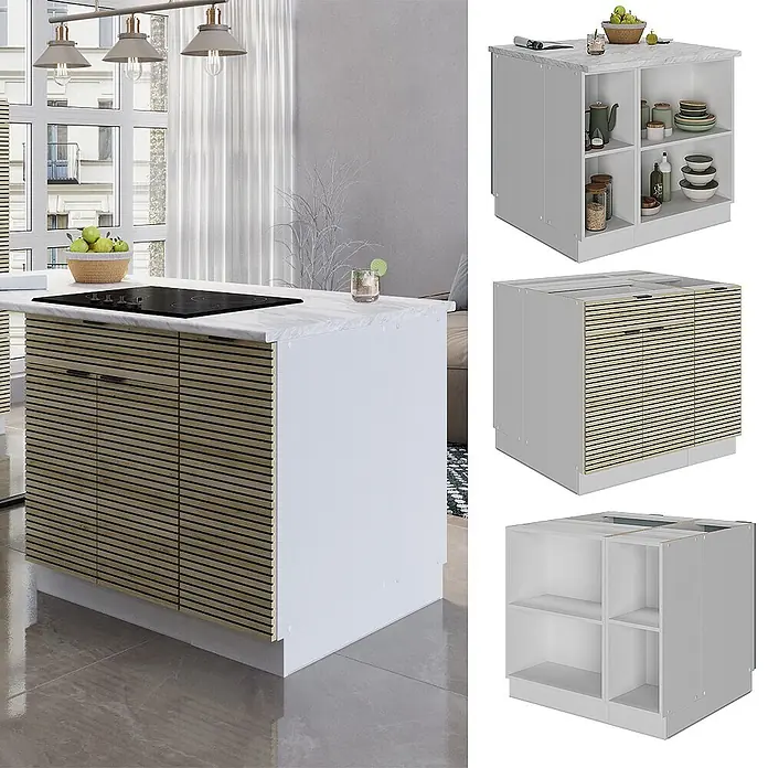 Vicco Inselküche Fame-Line Eiche Paneel mit Schublade, ohne Arbeitsplatte - Eiche Paneel, Ohne Elektrogeräte - Moderne weiße Kücheninsel mit Holzlamellenfront, Marmor-Arbeitsplatte und Induktionskochfeld in moderner Küche.
