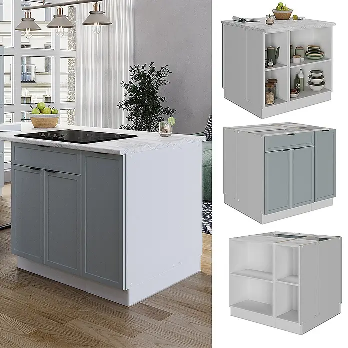 Vicco Inselküche Fame-Line Hellblau-grau mit Schublade, ohne Arbeitsplatte - Breite: 90 cm, Hellblau-grau, Ohne Elektrogeräte - Moderne Kücheninsel mit weißer Marmor-Arbeitsplatte, grauen Schränken, integriertem Kochfeld und modularem Stauraum, genutzt zum Kochen und Organisieren.