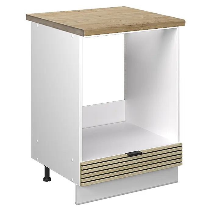 Vicco Schrankküche Fame-Line Eiche Paneel, AP Eiche - Eiche Paneel, Herdumbauschrank 60 cm, AP Eiche - Weißer Küchen-Einbauschrank mit heller Holzplatte, Lattenfront, schwarzem Griff, verstellbarem Fuß.