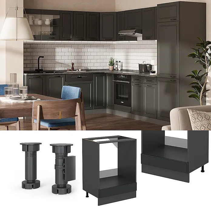 Vicco Schrankküche R-Line Anthrazit Landhaus, AP Eiche - Anthrazit Landhaus, Herdumbauschrank 60 cm, AP Eiche - Dunkelgraue Küchenschränke mit integrierten Geräten und strukturellen Komponenten wie verstellbaren Sockelfüßen und Korpusrahmen.