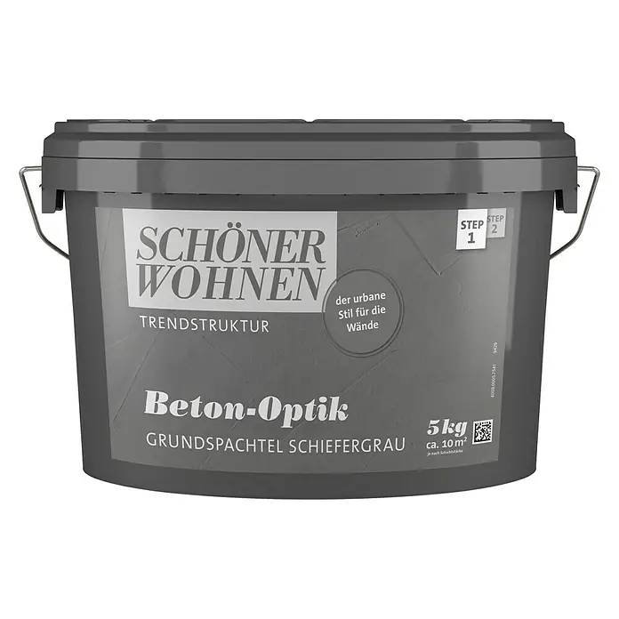 SCHÖNER WOHNEN-Farbe Trendstruktur Dekoputz-Set Beton-Optik - 5 -tlg., Schiefergrau - Abbildung eines grauen Eimers Schöner Wohnen Beton-Optik Grundspachtel Schiefergrau, 5kg, für trendige Wandgestaltung.