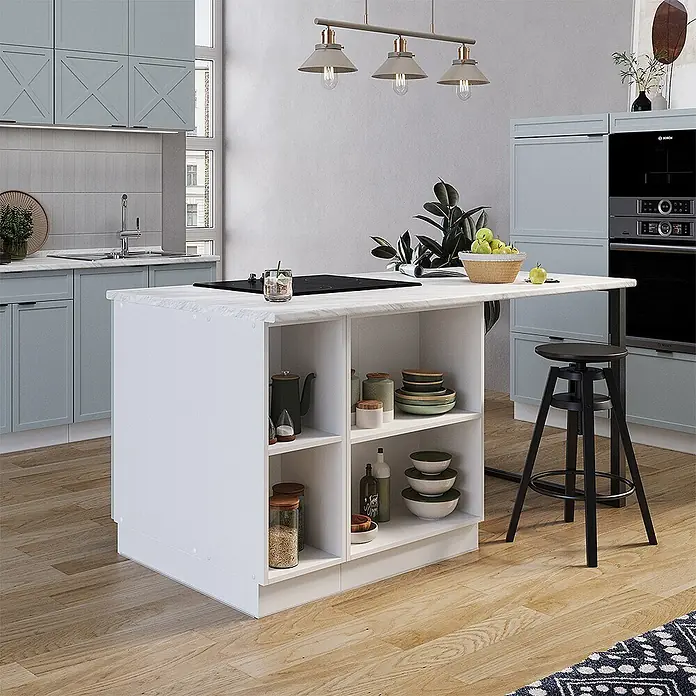 Vicco Inselküche Fame-Line Hellblau-grau mit Schublade, ohne Arbeitsplatte - Breite: 90 cm, Hellblau-grau, Ohne Elektrogeräte - Weiße Kücheninsel mit marmorierter Arbeitsplatte, integriertem Kochfeld und offenen Regalen, mit Sitzgelegenheit.
