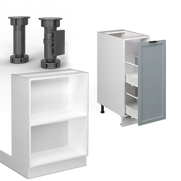 Vicco Inselküche Fame-Line Hellblau-grau mit Schublade, ohne Arbeitsplatte - Breite: 90 cm, Hellblau-grau, Ohne Elektrogeräte - Modulares Küchenschranksystem: weiße Elemente, graue Tür und dunkelgraue verstellbare Füße.