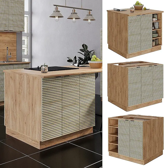 Vicco Inselküche Fame-Line Eiche Paneel ohne Arbeitsplatte - Eiche Paneel, Ohne Elektrogeräte - Moderne Kücheninsel aus hellem Holz mit Lamellentüren, Arbeitsplatte und vielseitigem Stauraum.