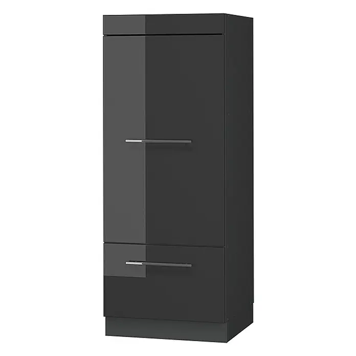 Vicco Vorratsschrank Fame-Line, Anthrazit Hochglanz/Anthrazit 60 cm -  - Hoher, dunkelgrauer Hochglanzschrank mit Tür und Schublade, silberne Griffe.