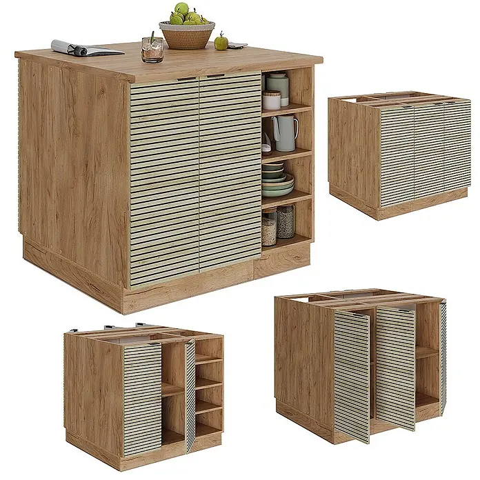 Vicco Inselküche Fame-Line Eiche Paneel ohne Arbeitsplatte - Eiche Paneel, Ohne Elektrogeräte - Helle Holz-Kücheninsel mit Lamellentüren und offenen Regalen.