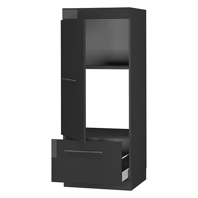 Vicco Vorratsschrank Fame-Line, Anthrazit Hochglanz/Anthrazit 60 cm -  - Dunkelgrauer Hochschrank mit offenem Fach, Gerätenische sowie teilweise geöffneter Tür und Schublade.