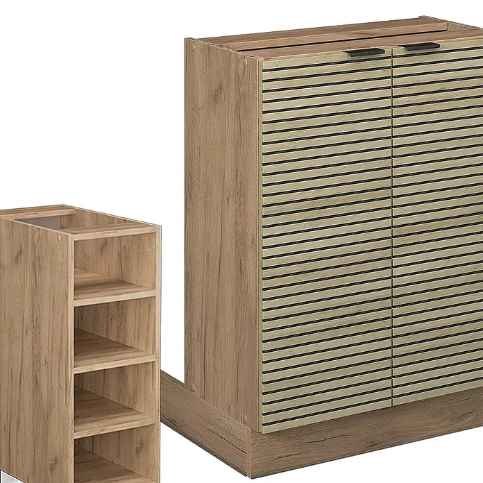 Vicco Inselküche Fame-Line Eiche Paneel ohne Arbeitsplatte - Eiche Paneel, Ohne Elektrogeräte - Zwei moduläre Möbelstücke in heller Holzoptik: ein Schrank mit Lamellentüren und ein offenes Regal.