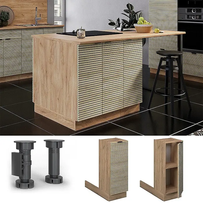 Vicco Inselküche Fame-Line Eiche Paneel ohne Arbeitsplatte - Eiche Paneel, Ohne Elektrogeräte - Kücheninsel mit hellem Holzdekor, gerillten Paneelen und einer Holzplatte in moderner Küche.