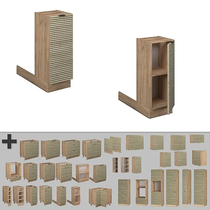 Vicco Inselküche Fame-Line Eiche Paneel ohne Arbeitsplatte - Eiche Paneel, Ohne Elektrogeräte - Modulare Schränke aus hellem Holz mit Lamellenfronten, inkl. Unter-, Ober- und Hochschränke.