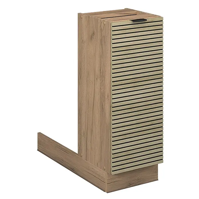 Vicco Inselküche Fame-Line Eiche Paneel ohne Arbeitsplatte - Eiche Paneel, Ohne Elektrogeräte - Helles braunes Holzschränkchen mit Lamellenfront und schwarzem Griff, auf einem L-förmigen Holzsockel.