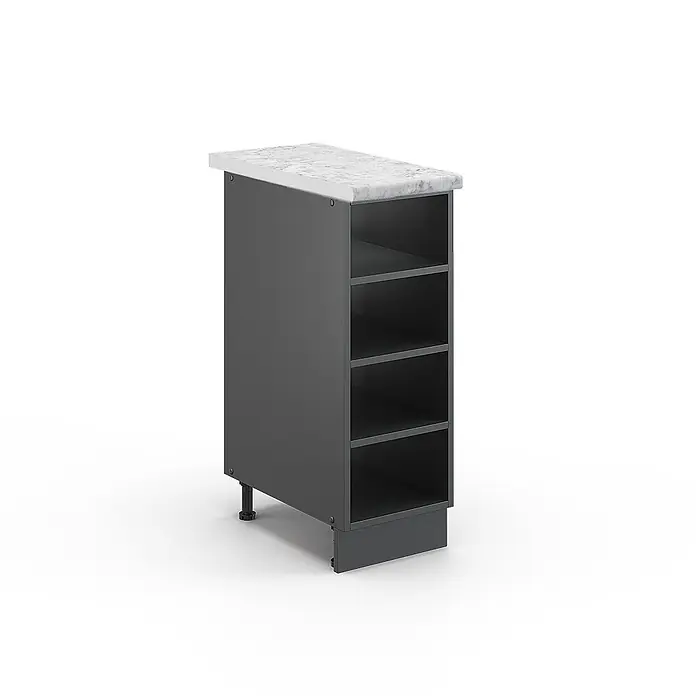Vicco Schrankküche Fame-Line Anthrazit, AP Marmor - Anthrazit, Regalunterschrank 30 cm, AP Marmor - Dunkelgrauer Küchenunterschrank mit weißer Marmorplatte und vier offenen Fächern, auf verstellbaren Füßen.