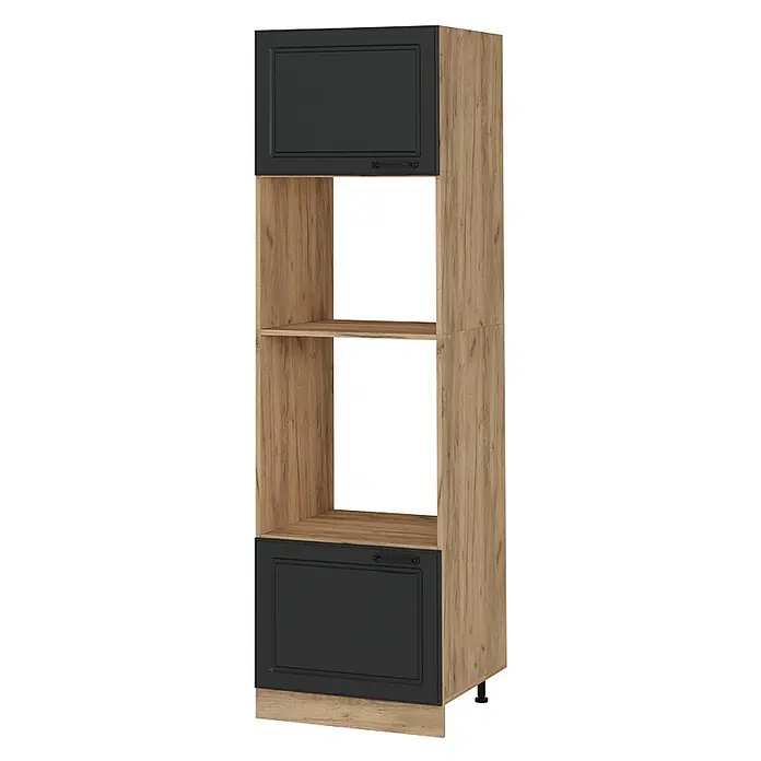 Vicco Schrankküche R-Line Anthrazit Landhaus - Breite: 60 cm, Anthrazit Landhaus, Mikrowellenumbauschrank 60 cm - Hoher Schrank in Holzoptik mit zwei dunkelgrauen Kassettentüren und zwei offenen Fächern.