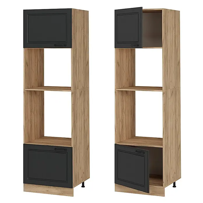 Vicco Schrankküche R-Line Anthrazit Landhaus - Breite: 60 cm, Anthrazit Landhaus, Mikrowellenumbauschrank 60 cm - Zwei hohe Küchenschränke, Holzoptik mit schwarzen Türen, einer geschlossen, der andere offen mit Stauraum.