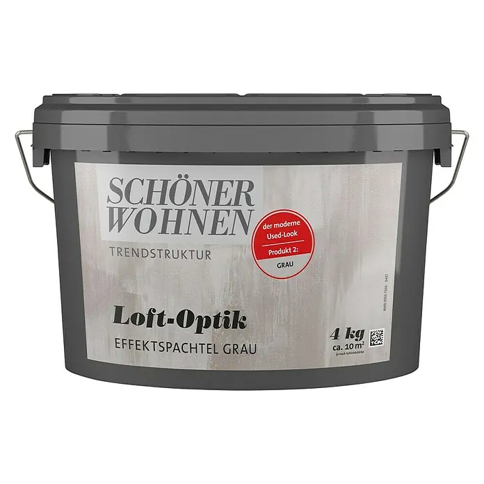 SCHÖNER WOHNEN-Farbe Trendstruktur Effektspachtel Loft-Optik - Grau, 4 kg, Matt - Dose mit "Schöner Wohnen Loft-Optik Effektspachtel Grau" für trendige Wandgestaltung im Used-Look, Inhalt 4 kg für ca. 10 m² Fläche.