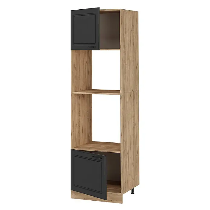 Vicco Schrankküche R-Line Anthrazit Landhaus - Breite: 60 cm, Anthrazit Landhaus, Mikrowellenumbauschrank 60 cm - Hoher Schrank in heller Holzoptik mit zwei dunkelgrauen Rahmentüren (oben und unten) und zwei offenen Regalfächern.
