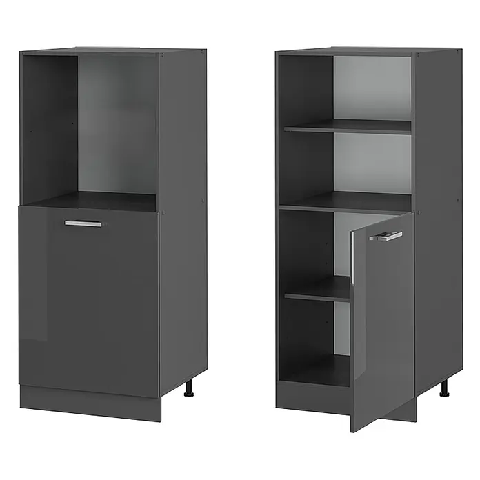 Vicco Schrankküche R-Line Anthrazit Hochglanz - Breite: 60 cm, Anthrazit Hochglanz, Backofenumbauschrank 60 cm (halb) - Zwei dunkelgraue Modulschränke, einer mit offenem Oberteil und geschlossenem Unterschrank, der andere mit offenen Regalen und unterem Schrank, beide mit Metallgriffen.