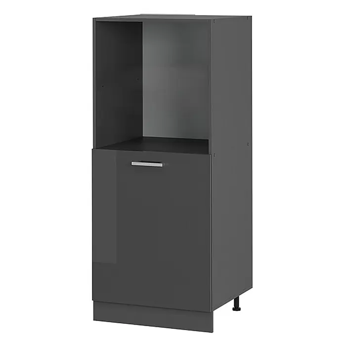 Vicco Schrankküche R-Line Anthrazit Hochglanz - Breite: 60 cm, Anthrazit Hochglanz, Backofenumbauschrank 60 cm (halb) - Dunkelgrauer Hochschrank mit offenem Fach oben und glänzender Tür unten mit silbernem Griff.