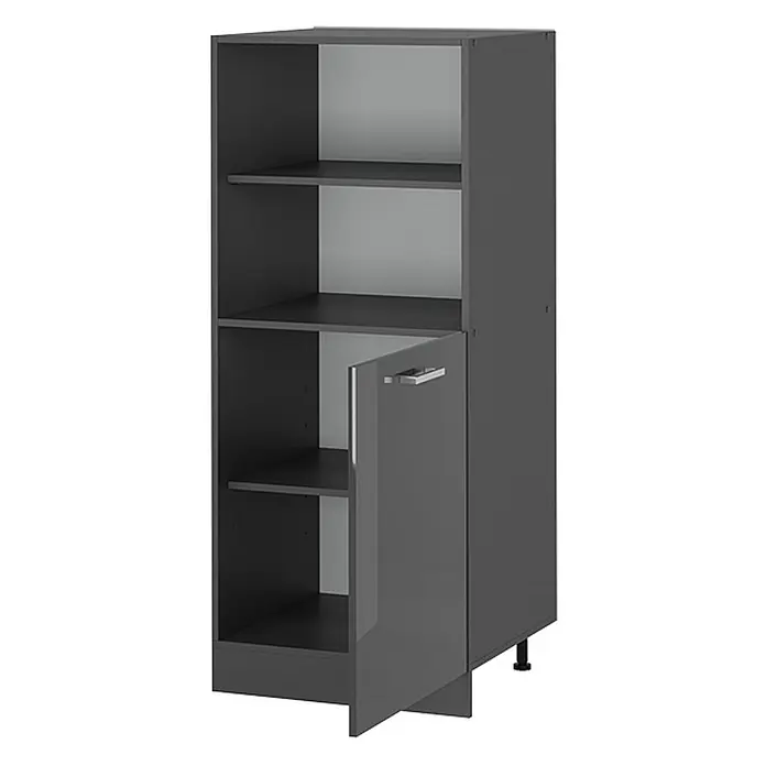 Vicco Schrankküche R-Line Anthrazit Hochglanz - Breite: 60 cm, Anthrazit Hochglanz, Backofenumbauschrank 60 cm (halb) - Dunkelgrauer Hochschrank mit drei offenen Fächern, teilweise geöffneter Tür und verstellbaren Füßen.