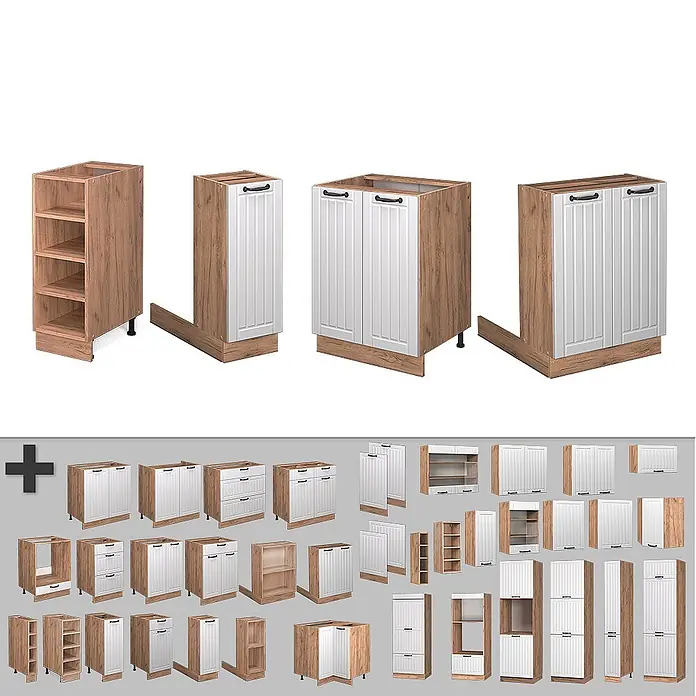 Vicco Inselküche Fame-Line Weiß Landhaus mit Schublade, ohne Arbeitsplatte - Breite: 90 cm, Weiß Landhaus, Ohne Elektrogeräte - Modulare Küchenschrank-Kollektion mit Holzoptikrahmen und weißen Paneeltüren/-schubladen, inkl. Unter-, Ober- und Hochschränken.