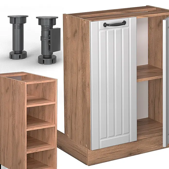 Vicco Inselküche Fame-Line Weiß Landhaus mit Schublade, ohne Arbeitsplatte - Breite: 90 cm, Weiß Landhaus, Ohne Elektrogeräte - Verstellbare dunkelgraue Kunststoff-Möbelfüße, ein heller Holz-Unterschrank mit weißer Lamellentür und ein offenes Regal.