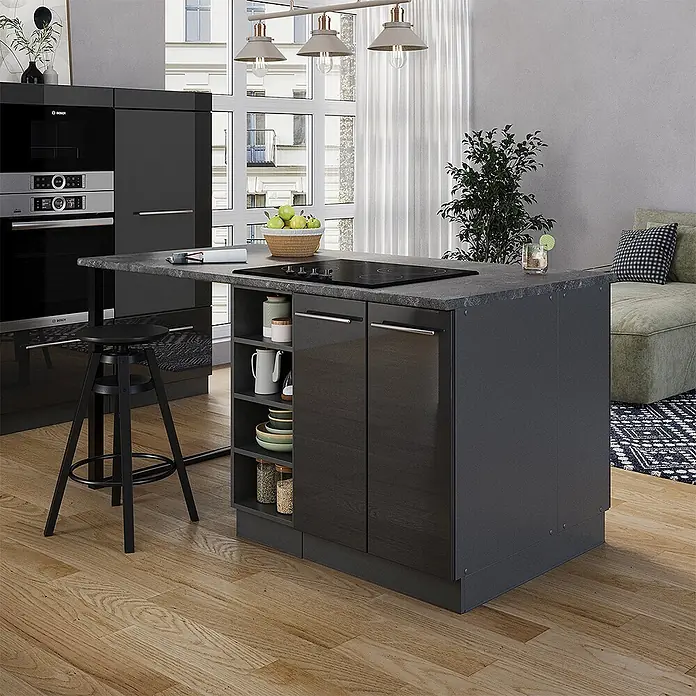 Vicco Inselküche Fame-Line Anthrazit Hochglanz ohne Arbeitsplatte - Breite: 90 cm, Anthrazit Hochglanz, Ohne Elektrogeräte - Moderne dunkelgraue Kücheninsel mit integriertem Kochfeld, offenen Regalen, geschlossenen Schränken und erweiterter Sitzfläche.