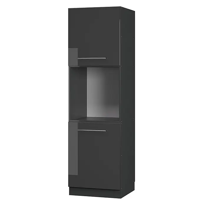 Vicco Schrankküche Fame-Line Anthrazit Hochglanz offen - Anthrazit Hochglanz, Herdumbauschrank hoch 60 cm offen - Dunkelgrauer Hochschrank für die Küche mit integriertem Gerätefach und zwei geschlossenen Türen mit Stangengriffen.