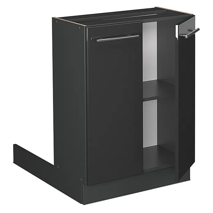 Vicco Kücheninsel Fame-Line, Anthrazit Hochglanz, 60 cm -  - Dunkelgrauer Unterschrank mit zwei Fächern und Metallgriffen, mit einem Ausschnitt für Sanitärinstallationen.