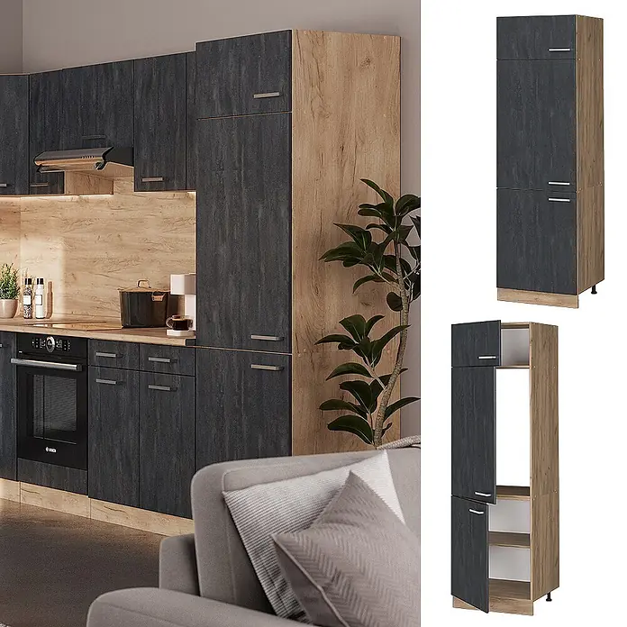 Vicco Schrankküche R-Line Schwarz Beton - Schwarz Beton, Kühlumbauschrank 60 cm - Modulare Küche mit dunkelgrauer Textur, hellen Holzdetails, integriertem Backofen und hohem Vorratsschrank.