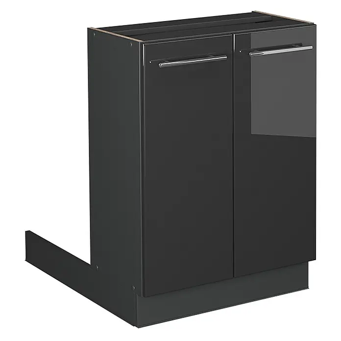 Vicco Kücheninsel Fame-Line, Anthrazit Hochglanz, 60 cm -  - Dunkelgrauer Küchenunterschrank mit zwei Hochglanztüren, Chromgriffen und L-förmiger Blende für integriertes Gerät.