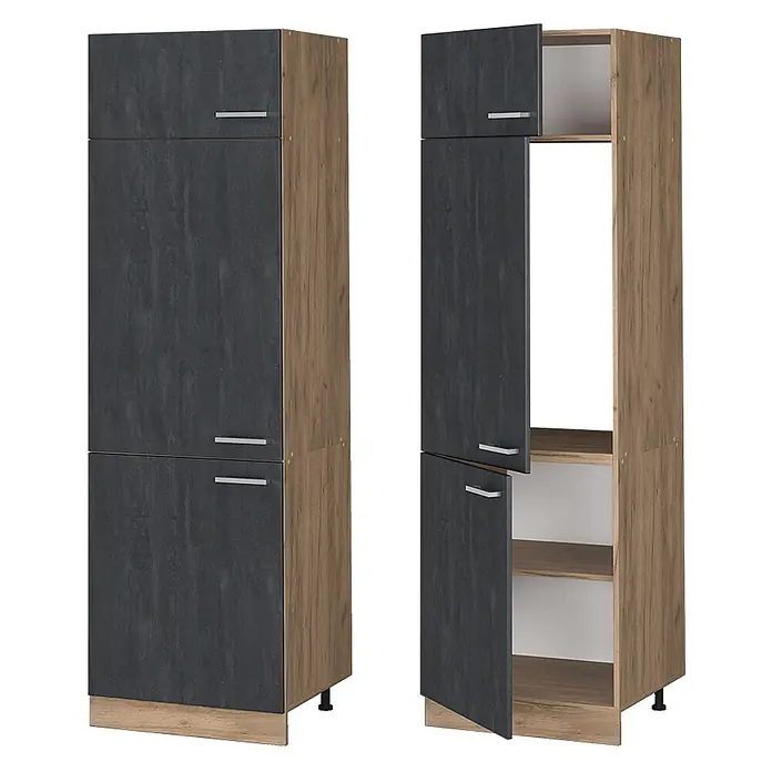 Vicco Schrankküche R-Line Schwarz Beton - Schwarz Beton, Kühlumbauschrank 60 cm - Hoher zweifarbiger Schrank mit dunkelgrauen Türen, Holzrahmen, silbernen Griffen, offen und geschlossen gezeigt.