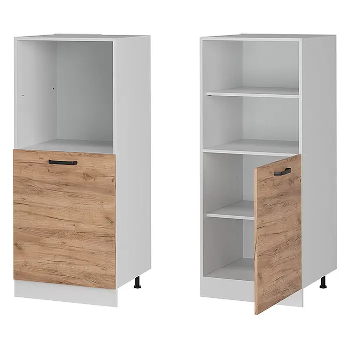 Vicco Schrankküche R-Line Goldkraft Eiche - Goldkraft Eiche, Backofenumbauschrank 60 cm (halb) - Weißer hoher Küchenschrank mit holzfarbener Tür/Schublade und variablen Regalkonfigurationen.