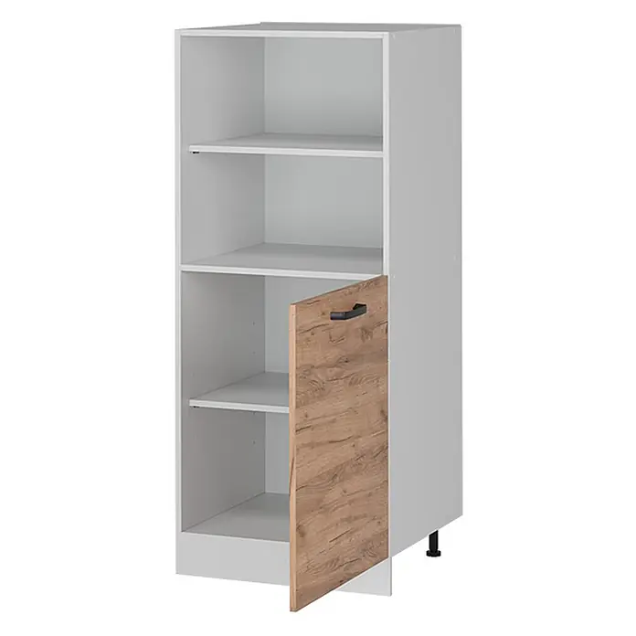 Vicco Schrankküche R-Line Goldkraft Eiche - Goldkraft Eiche, Backofenumbauschrank 60 cm (halb) - Weißer Schrank mit offenen Regalfächern und einer unteren Holztür mit schwarzem Griff, auf schwarzen Füßen.