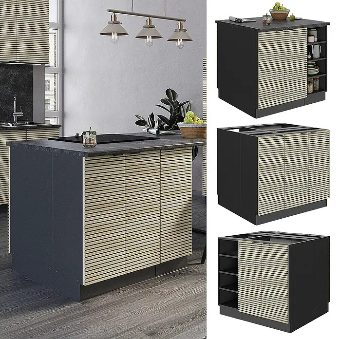 Vicco Inselküche Fame-Line Eiche Paneel ohne Arbeitsplatte - Eiche Paneel, Ohne Elektrogeräte - Moderne schwarze Kücheninsel mit hellen Holzlamellenfronten, in einer Küche dargestellt.
