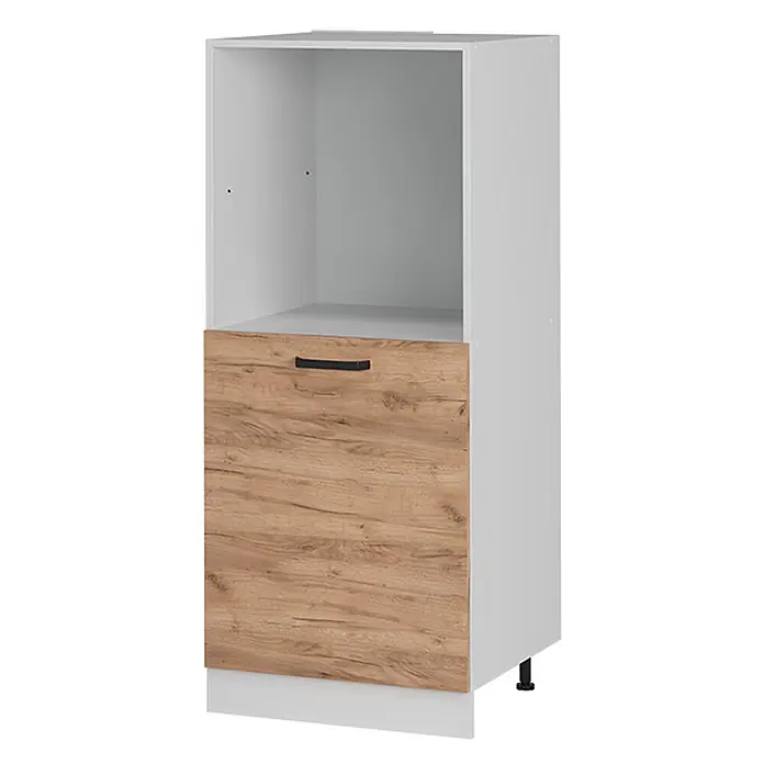 Vicco Schrankküche R-Line Goldkraft Eiche - Goldkraft Eiche, Backofenumbauschrank 60 cm (halb) - Weißer Küchenunterschrank mit offenem Oberfach und unterer Holzeffekt-Tür mit schwarzem Griff.