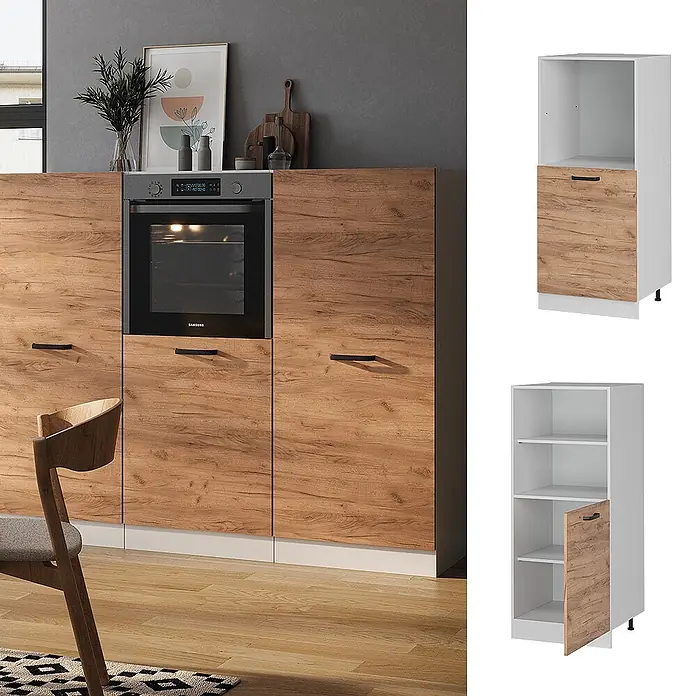 Vicco Schrankküche R-Line Goldkraft Eiche - Goldkraft Eiche, Backofenumbauschrank 60 cm (halb) - Modulare Küchenschränke mit rustikalen Eichenfronten, weißen Korpen und schwarzen Griffen, in einer Küche und als Einzelmodule gezeigt.