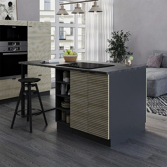 Vicco Inselküche Fame-Line Eiche Paneel ohne Arbeitsplatte - Eiche Paneel, Ohne Elektrogeräte - Moderne Kücheninsel mit dunklem Sockel, Holzlamellenfronten, integriertem Kochfeld und passenden Hochschränken.