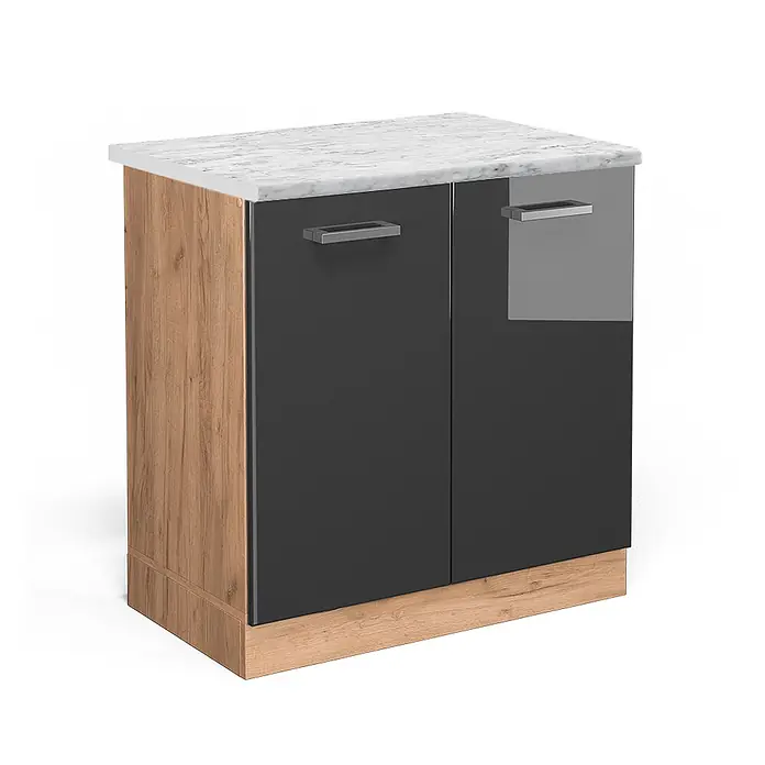Vicco Schrankküche R-Line Anthrazit Hochglanz AP Marmor - Anthrazit Hochglanz, Spülenunterschrank 80 cm, AP Marmor - Kleiner Schrank mit weißer Marmorplatte, hellen Holzseiten und hochglänzenden, dunkelgrauen Türen mit Metallgriffen.