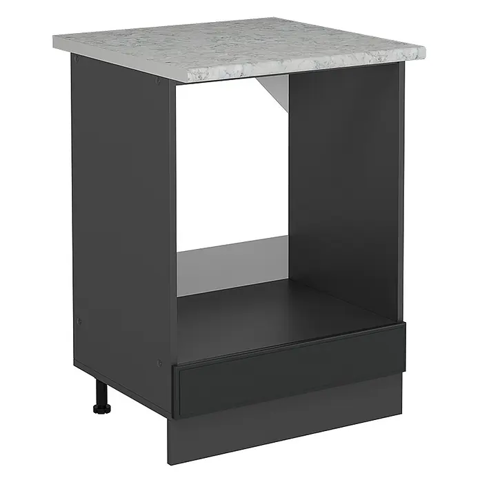 Vicco Schrankküche R-Line Anthrazit Landhaus AP Marmor - Breite: 60 cm, Anthrazit Landhaus, Herdumbauschrank 60 cm - Dunkelgrauer Küchenunterschrank mit marmorierter Arbeitsplatte und offener Nische, ideal für Geräte.