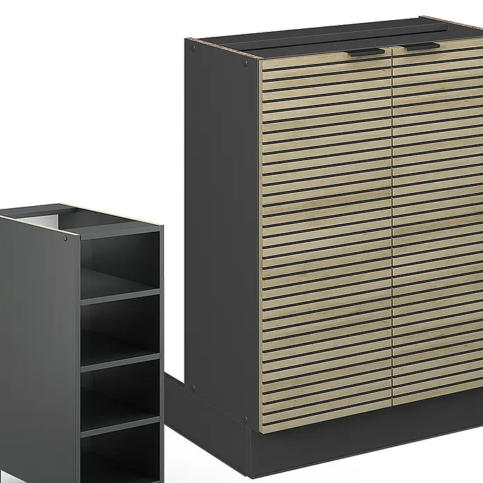 Vicco Inselküche Fame-Line Eiche Paneel ohne Arbeitsplatte - Eiche Paneel, Ohne Elektrogeräte - Dunkelgrauer Schrank mit hellen Holzlamellentüren und offenes graues Regal.