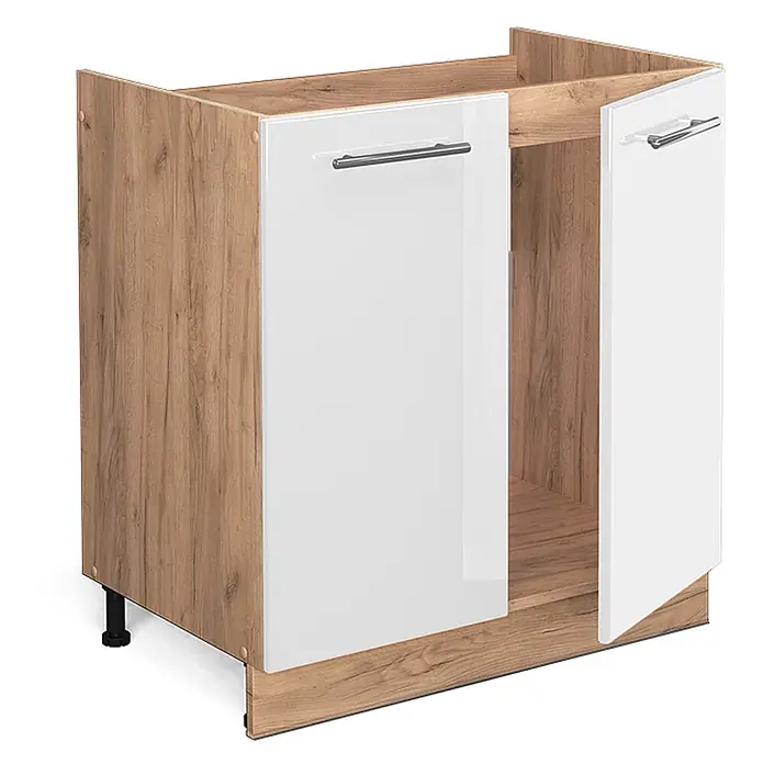Vicco Schrankküche Fame-Line Weiß Hochglanz ohne Arbeitsplatte - Weiß Hochglanz, Spülenunterschrank 80 cm - Küchenunterschrank in Holzoptik mit zwei glänzenden weißen Türen und Metallgriffen. Mit verstellbaren Füßen.